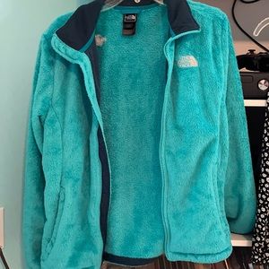 Teal North face fuzzy jacket